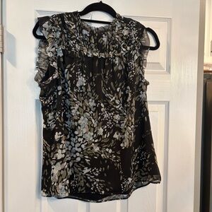 White House Black Market Floral Ruffle Blouse - Black and Cream